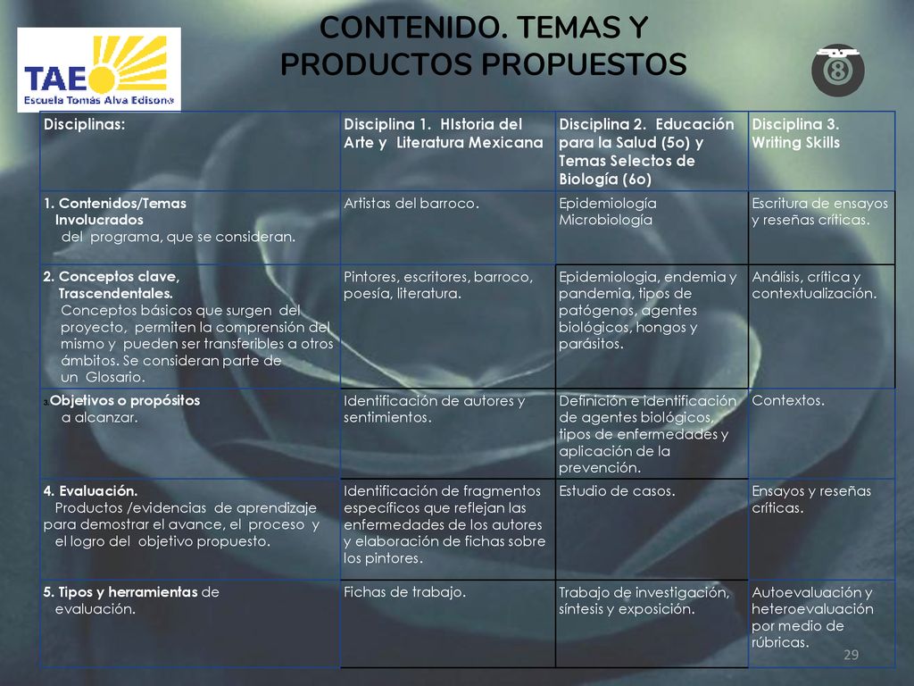 CONTENIDO. TEMAS Y PRODUCTOS PROPUESTOS