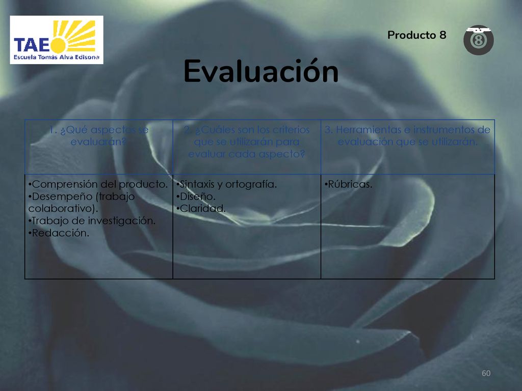 Evaluación Producto 8 1. ¿Qué aspectos se evaluarán