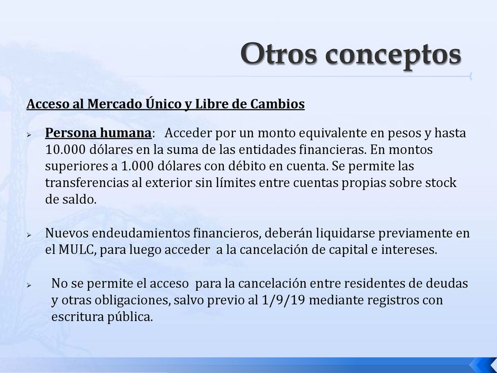 Otros conceptos Acceso al Mercado Único y Libre de Cambios