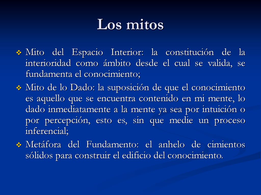 Los mitos Mito del Espacio Interior: la constitución de la interioridad como ámbito desde el cual se valida, se fundamenta el conocimiento;
