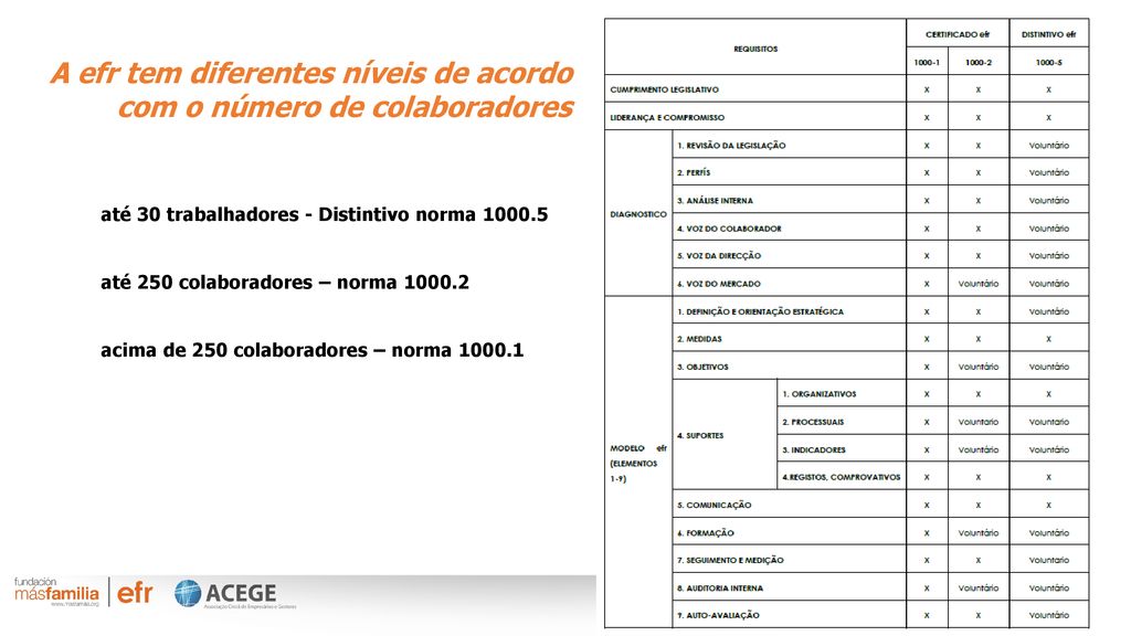A efr tem diferentes níveis de acordo com o número de colaboradores