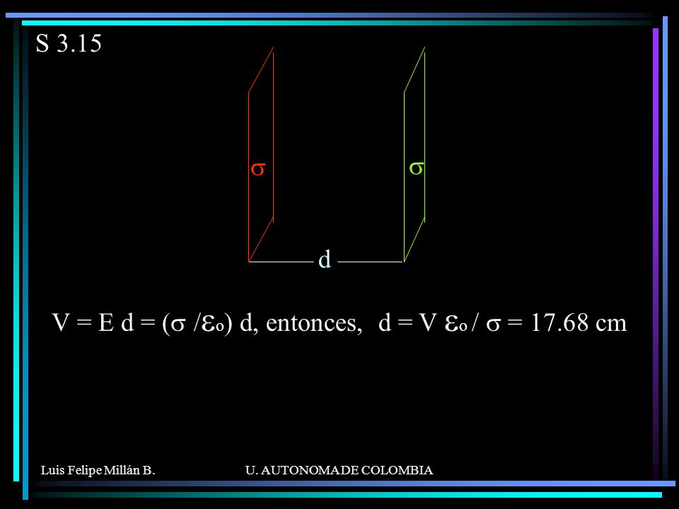 V = E d = (s /eo) d, entonces, d = V eo / s = cm