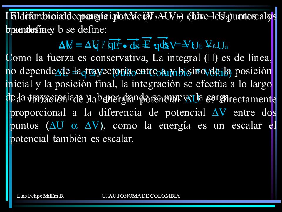 DV = DU / q = – ò E · ds = Vb – Va.