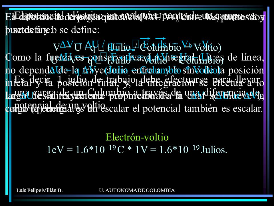 DV = DU / q = – ò E · ds = Vb – Va