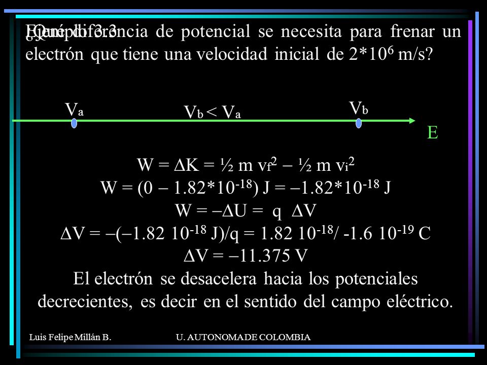 ¿Qué diferencia de potencial se necesita para frenar un electrón que tiene una velocidad inicial de 2*106 m/s