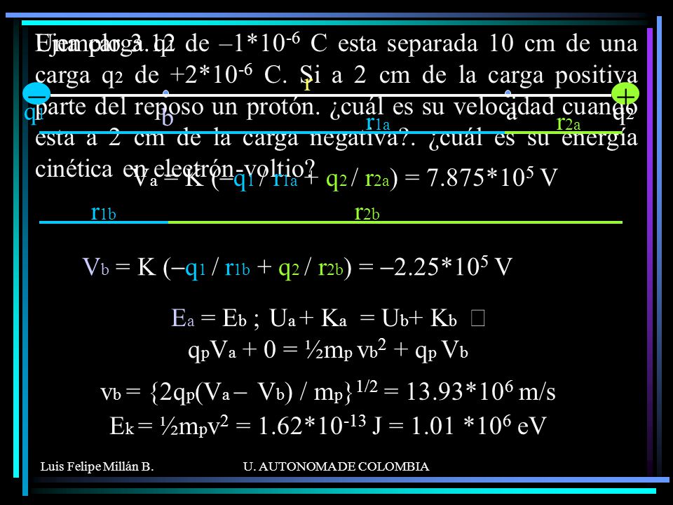 Vb = K (-q1 / r1b + q2 / r2b) = -2.25*105 V