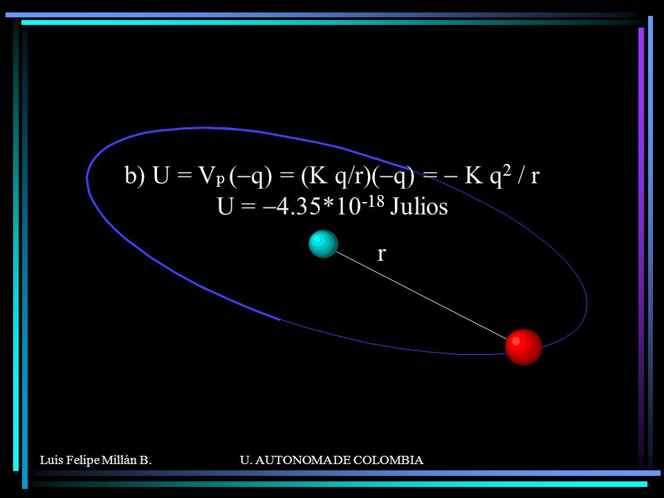 b) U = Vp (-q) = (K q/r)(-q) = - K q2 / r U = -4.35*10-18 Julios
