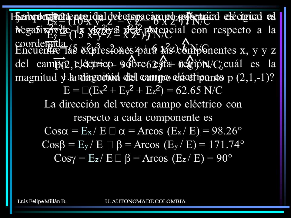 Ex = (10 x y3 z – y z2+ 6 x z2) i N/C Ey = (15 x2y2z – x z2) j N/C Ez = (5 x2y3– 2 x y z + 6 x2z) k N/C
