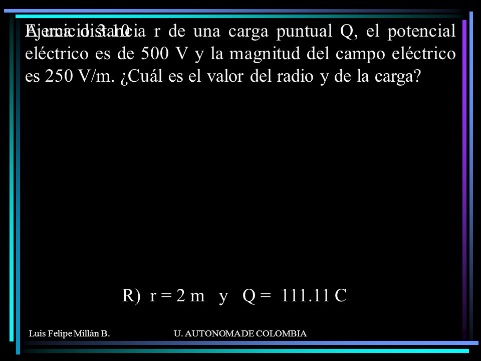 A una distancia r de una carga puntual Q, el potencial eléctrico es de 500 V y la magnitud del campo eléctrico es 250 V/m. ¿Cuál es el valor del radio y de la carga