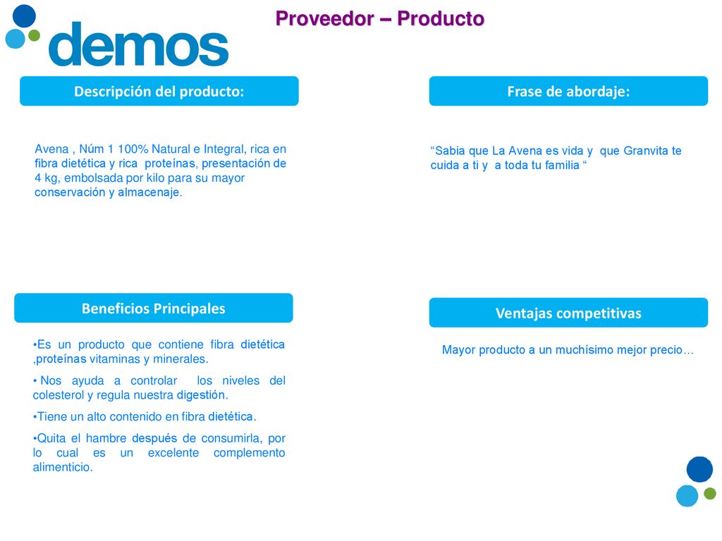 Descripción del producto: Beneficios Principales Ventajas competitivas