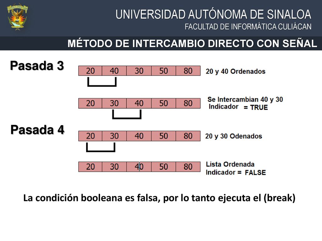 La condición booleana es falsa, por lo tanto ejecuta el (break)