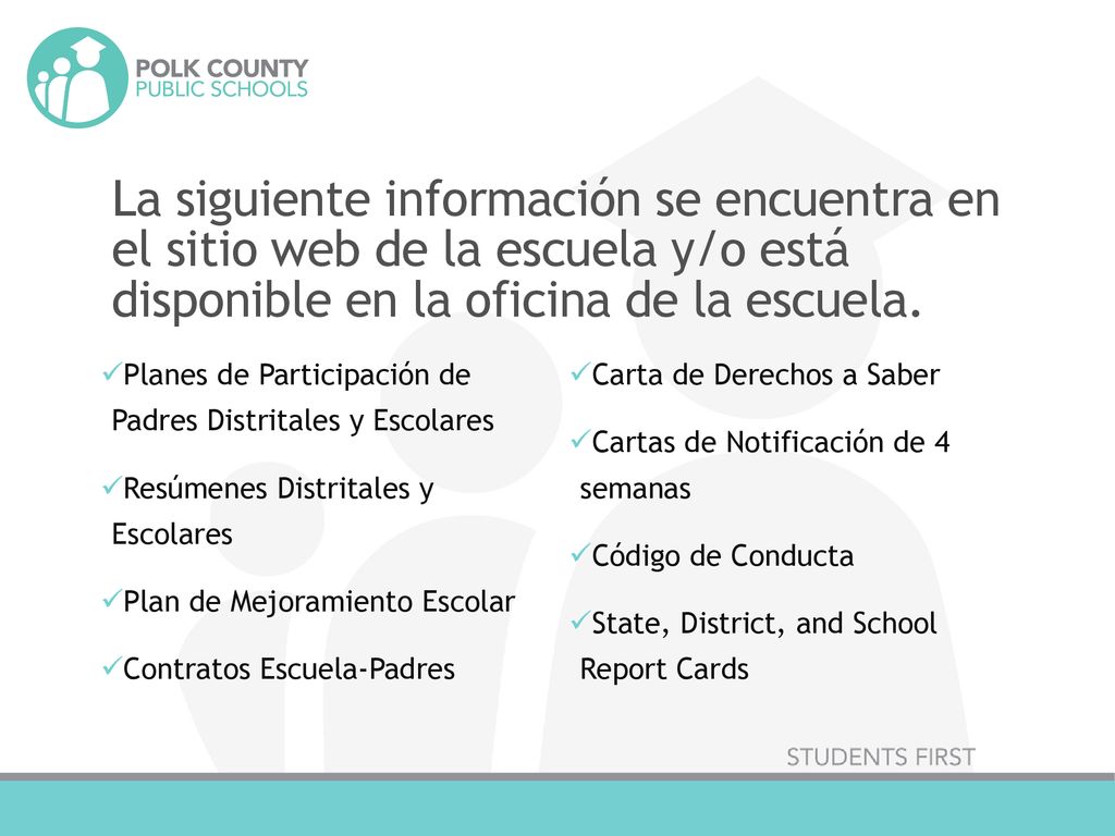 La siguiente información se encuentra en el sitio web de la escuela y/o está disponible en la oficina de la escuela.