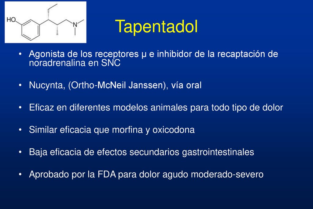 Tapentadol Agonista de los receptores µ e inhibidor de la recaptación de noradrenalina en SNC. Nucynta, (Ortho-McNeil Janssen), vía oral.