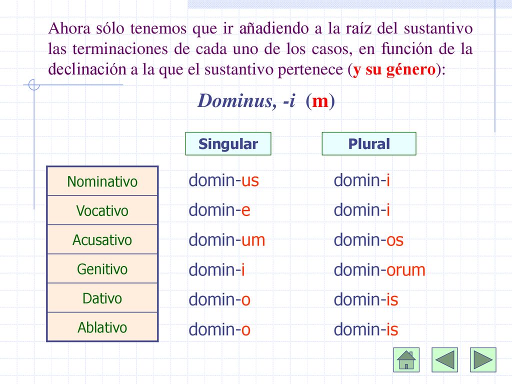 Ahora sólo tenemos que ir añadiendo a la raíz del sustantivo las terminaciones de cada uno de los casos, en función de la declinación a la que el sustantivo pertenece (y su género):