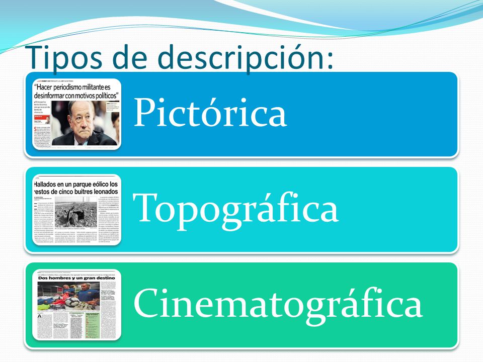 Tipos de descripción: Pictórica Topográfica Cinematográfica