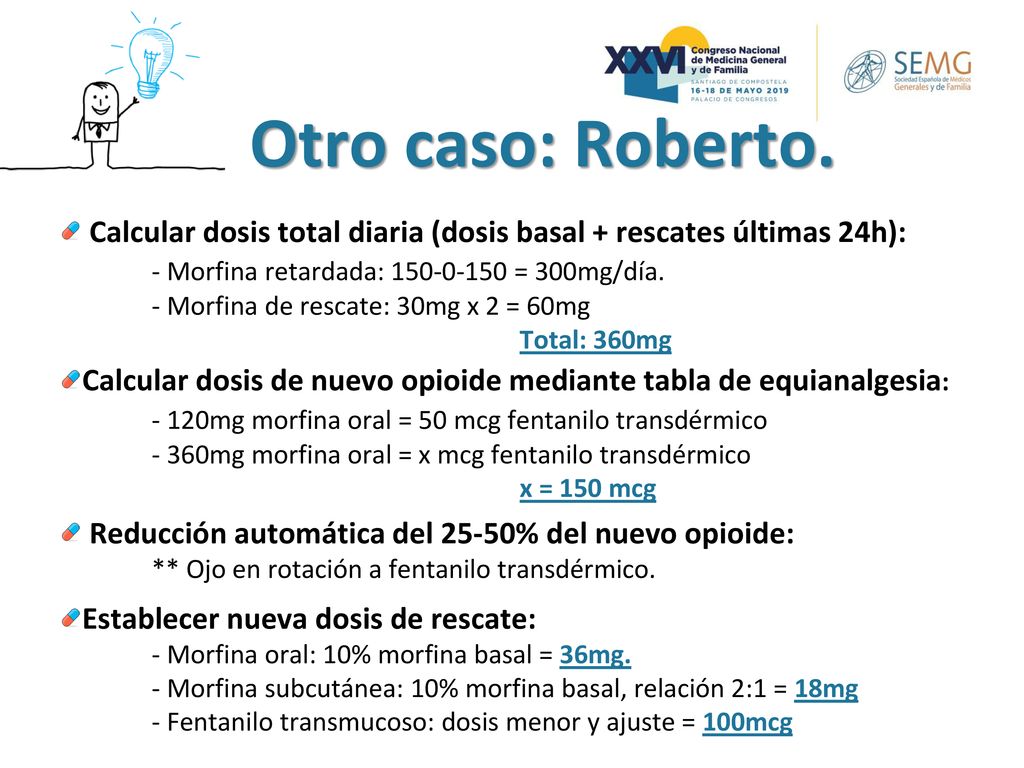 Otro caso: Roberto. Calcular dosis total diaria (dosis basal + rescates últimas 24h): - Morfina retardada: = 300mg/día.