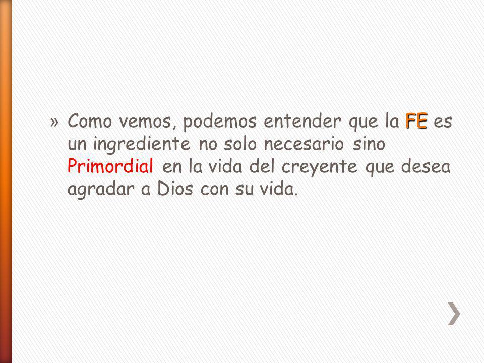 Como vemos, podemos entender que la FE es un ingrediente no solo necesario sino Primordial en la vida del creyente que desea agradar a Dios con su vida.