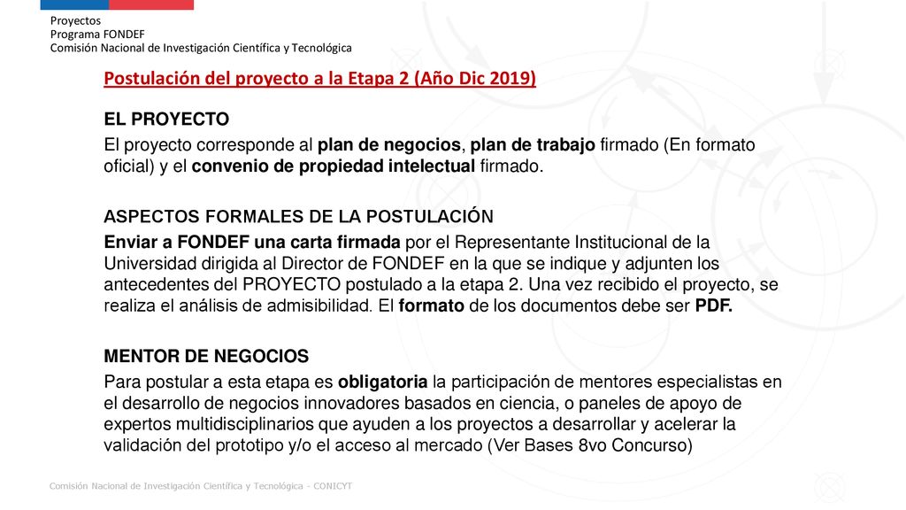 Postulación del proyecto a la Etapa 2 (Año Dic 2019)