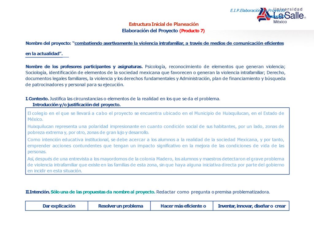 Estructura Inicial de Planeación Elaboración del Proyecto (Producto 7)