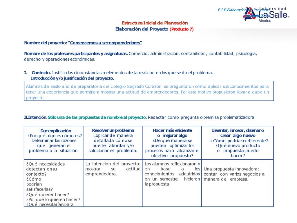Estructura Inicial de Planeación Elaboración del Proyecto (Producto 7)