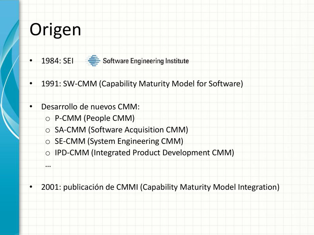 Origen 1984: SEI 1991: SW-CMM (Capability Maturity Model for Software)