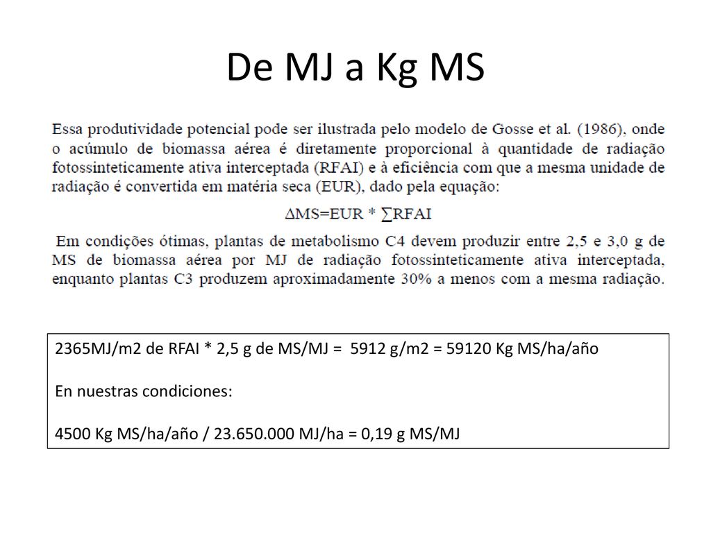 De MJ a Kg MS MJ/m2 de RFAI * 2,5 g de MS/MJ = 5912 g/m2 = Kg MS/ha/año. En nuestras condiciones: