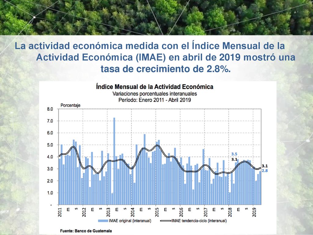 La actividad económica medida con el Índice Mensual de la Actividad Económica (IMAE) en abril de 2019 mostró una tasa de crecimiento de 2.8%.