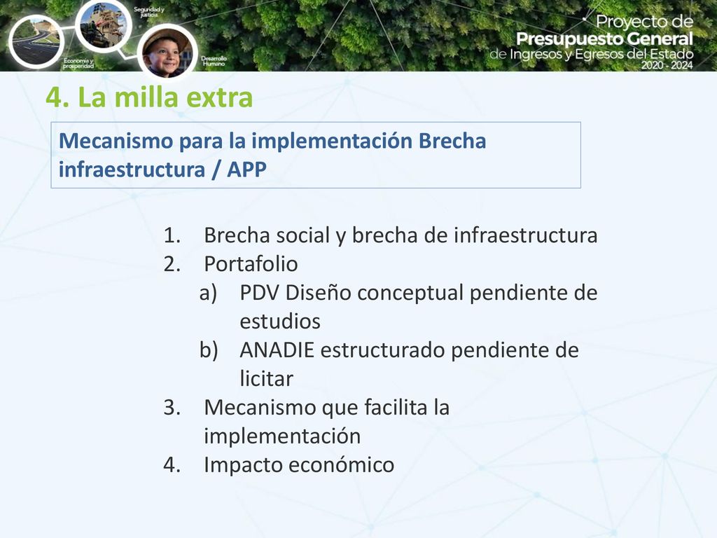 4. La milla extra Mecanismo para la implementación Brecha infraestructura / APP. Brecha social y brecha de infraestructura.