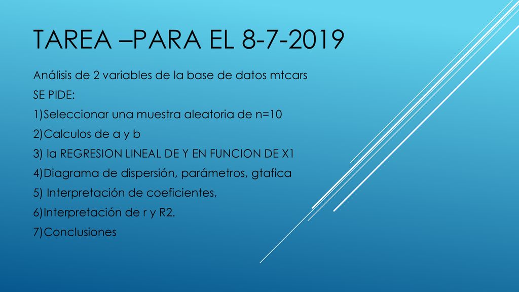TAREa –para el Análisis de 2 variables de la base de datos mtcars. SE PIDE: 1)Seleccionar una muestra aleatoria de n=10.