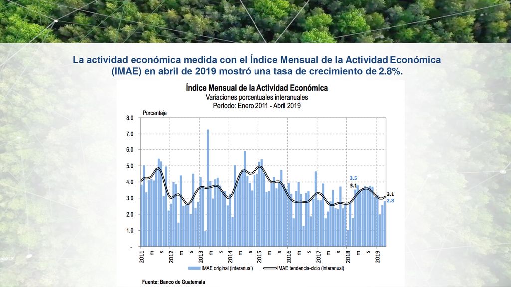 La actividad económica medida con el Índice Mensual de la Actividad Económica (IMAE) en abril de 2019 mostró una tasa de crecimiento de 2.8%.