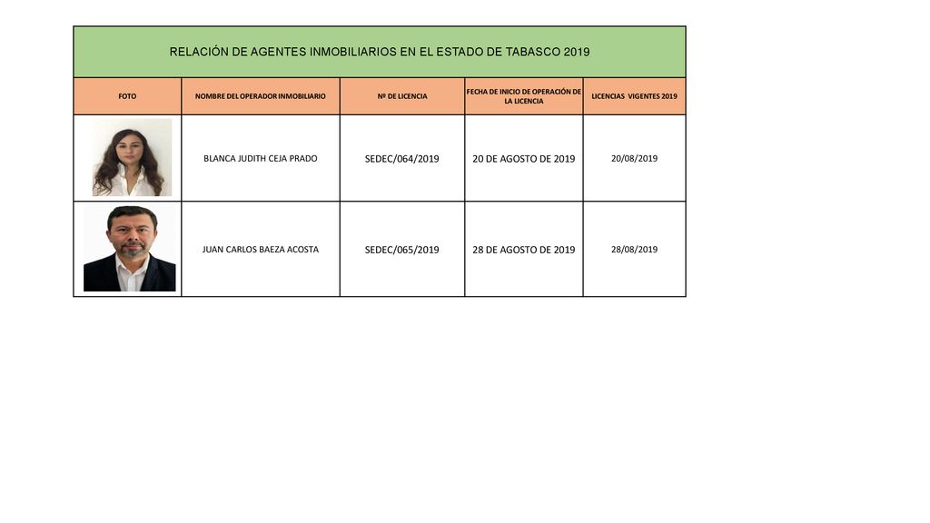 RELACIÓN DE AGENTES INMOBILIARIOS EN EL ESTADO DE TABASCO 2019