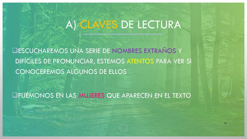 A) Claves de lectura Escucharemos una serie de nombres extraños y difíciles de pronunciar, estemos atentos para ver si conoceremos algunos de ellos.