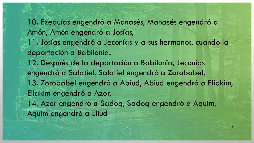 10. Ezequías engendró a Manasés, Manasés engendró a Amón, Amón engendró a Josías,