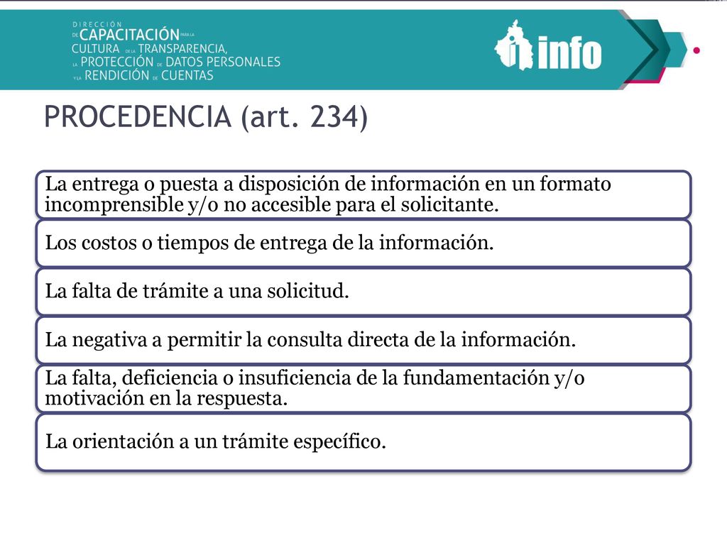 PROCEDENCIA (art. 234) La entrega o puesta a disposición de información en un formato incomprensible y/o no accesible para el solicitante.