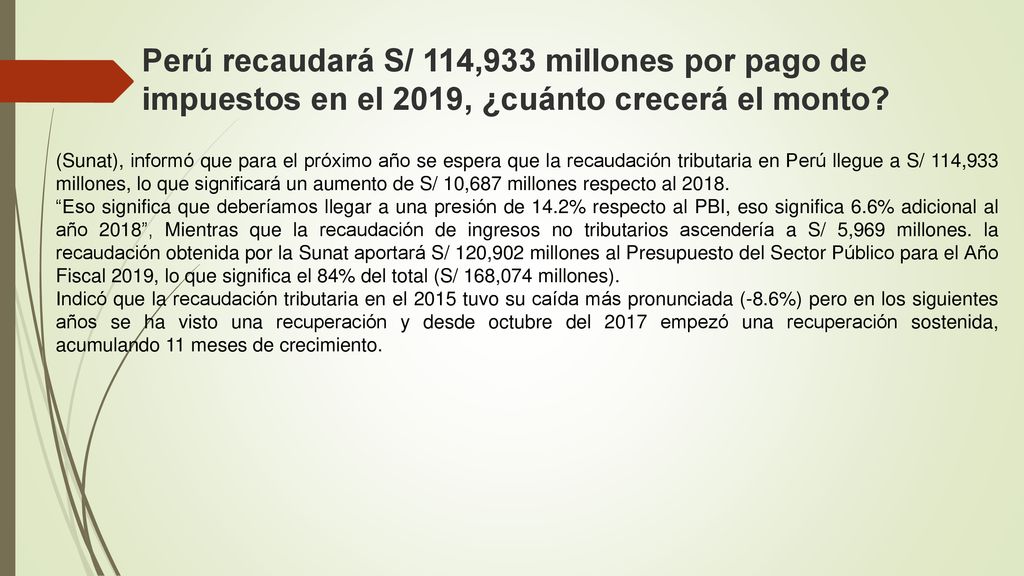 Perú recaudará S/ 114,933 millones por pago de impuestos en el 2019, ¿cuánto crecerá el monto