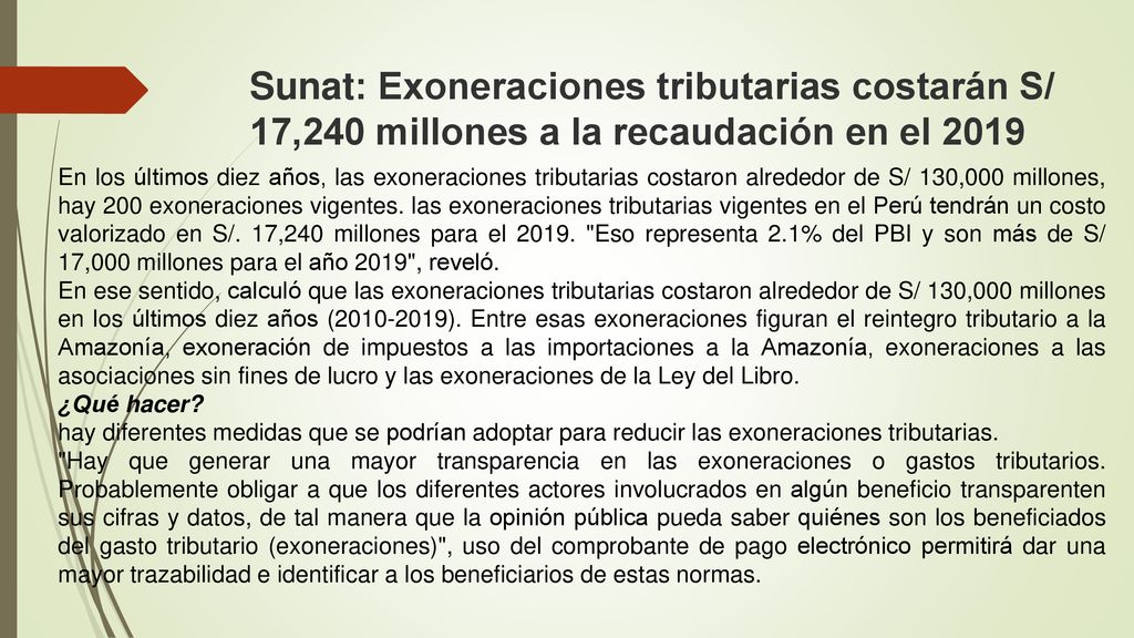 Sunat: Exoneraciones tributarias costarán S/ 17,240 millones a la recaudación en el 2019