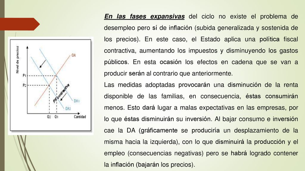 En las fases expansivas del ciclo no existe el problema de desempleo pero sí de inflación (subida generalizada y sostenida de los precios). En este caso, el Estado aplica una política fiscal contractiva, aumentando los impuestos y disminuyendo los gastos públicos. En esta ocasión los efectos en cadena que se van a producir serán al contrario que anteriormente.