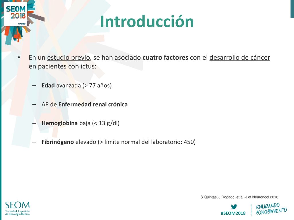 Introducción En un estudio previo, se han asociado cuatro factores con el desarrollo de cáncer en pacientes con ictus:
