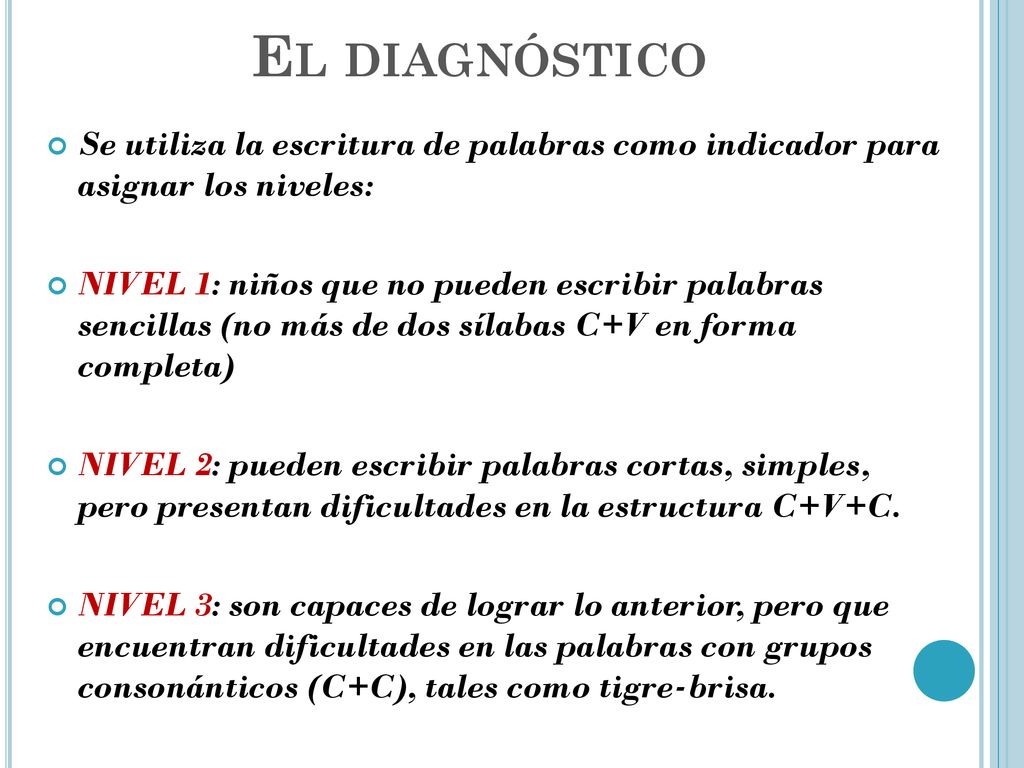 El diagnóstico Se utiliza la escritura de palabras como indicador para asignar los niveles: