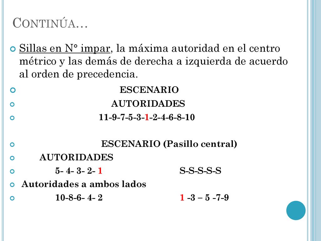 Continúa… Sillas en N° impar, la máxima autoridad en el centro métrico y las demás de derecha a izquierda de acuerdo al orden de precedencia.