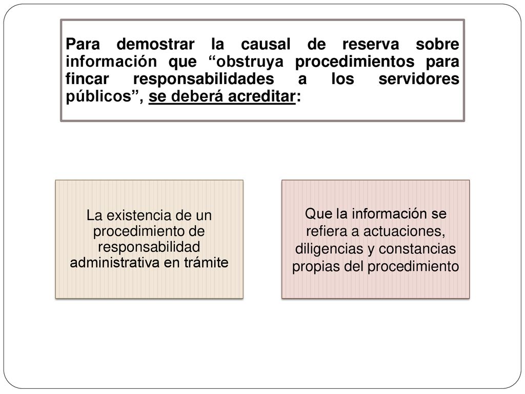 Para demostrar la causal de reserva sobre información que obstruya procedimientos para fincar responsabilidades a los servidores públicos , se deberá acreditar: