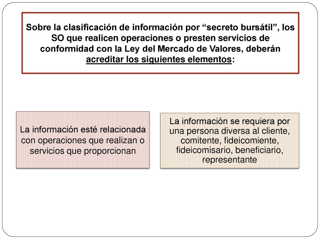 Sobre la clasificación de información por secreto bursátil , los SO que realicen operaciones o presten servicios de conformidad con la Ley del Mercado de Valores, deberán acreditar los siguientes elementos: