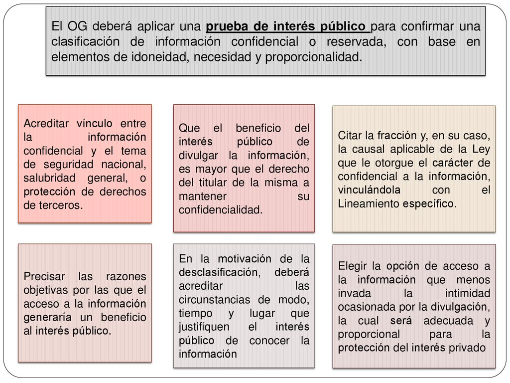 El OG deberá aplicar una prueba de interés público para confirmar una clasificación de información confidencial o reservada, con base en elementos de idoneidad, necesidad y proporcionalidad.