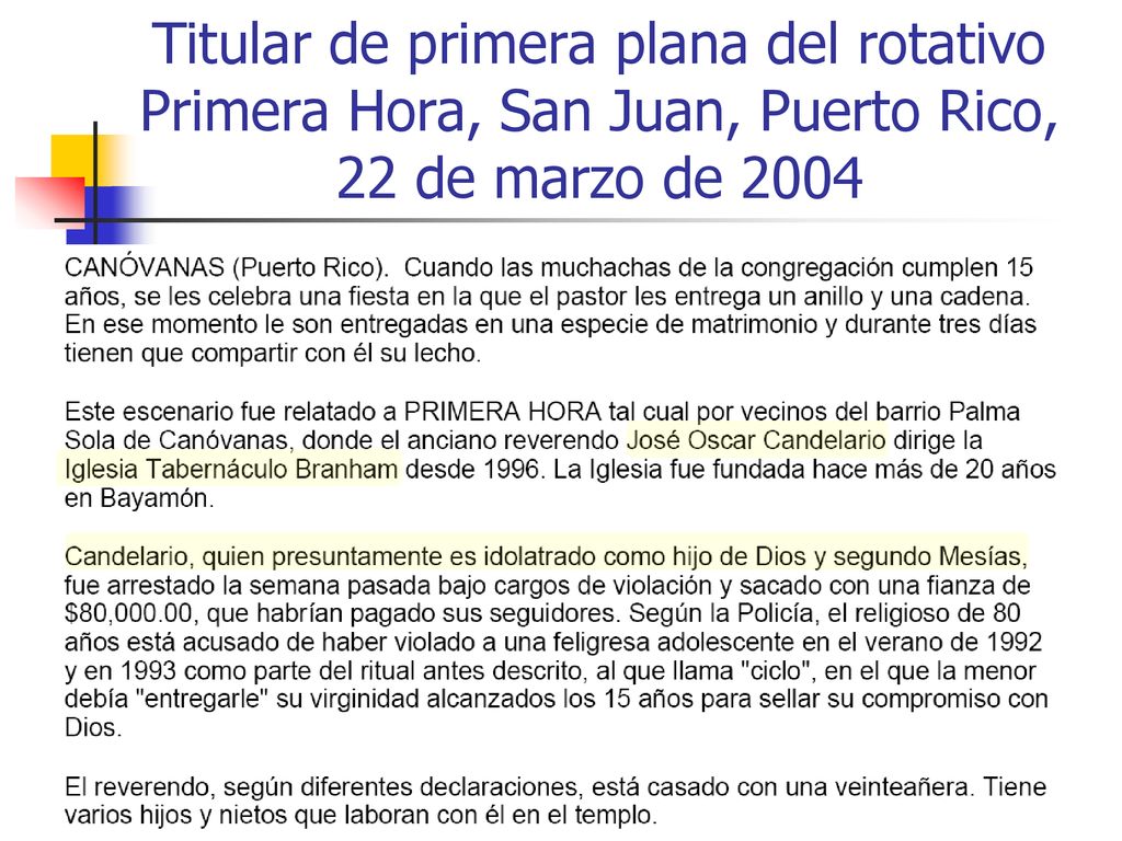 Titular de primera plana del rotativo Primera Hora, San Juan, Puerto Rico, 22 de marzo de 2004