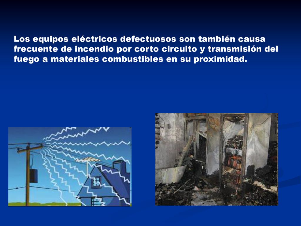 Los equipos eléctricos defectuosos son también causa frecuente de incendio por corto circuito y transmisión del fuego a materiales combustibles en su proximidad.