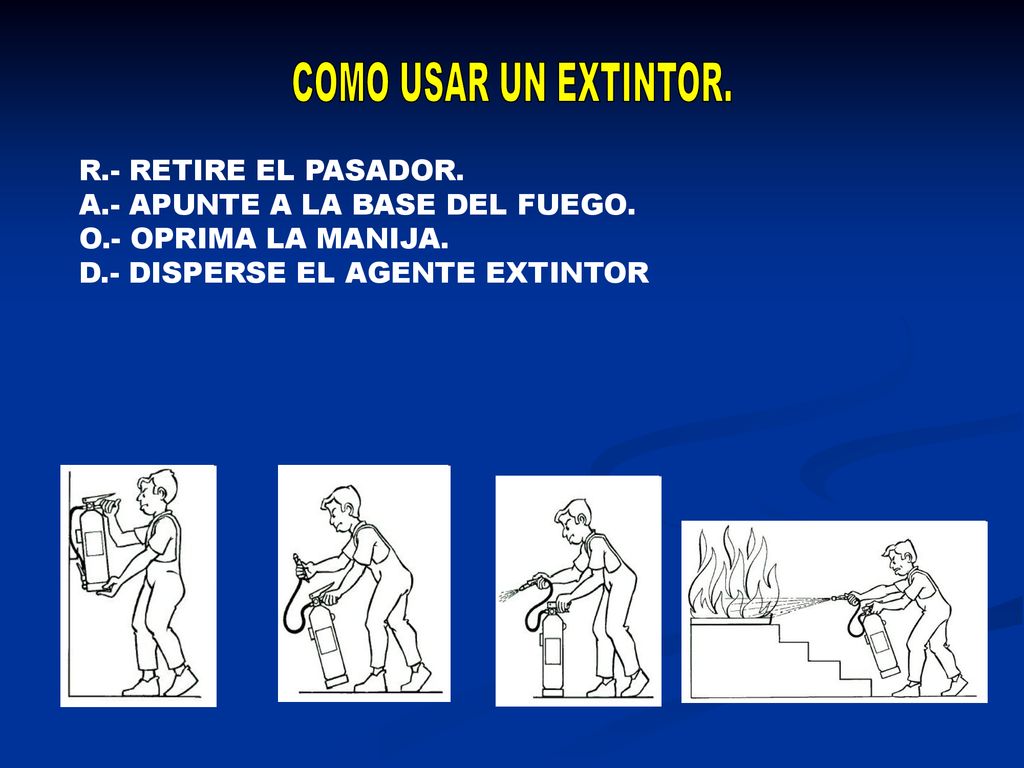 COMO USAR UN EXTINTOR. R.- RETIRE EL PASADOR. A.- APUNTE A LA BASE DEL FUEGO. O.- OPRIMA LA MANIJA.