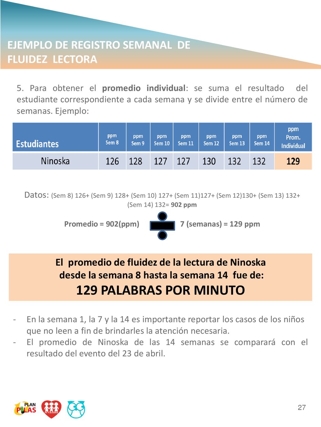 129 PALABRAS POR MINUTO EJEMPLO DE REGISTRO SEMANAL DE FLUIDEZ LECTORA