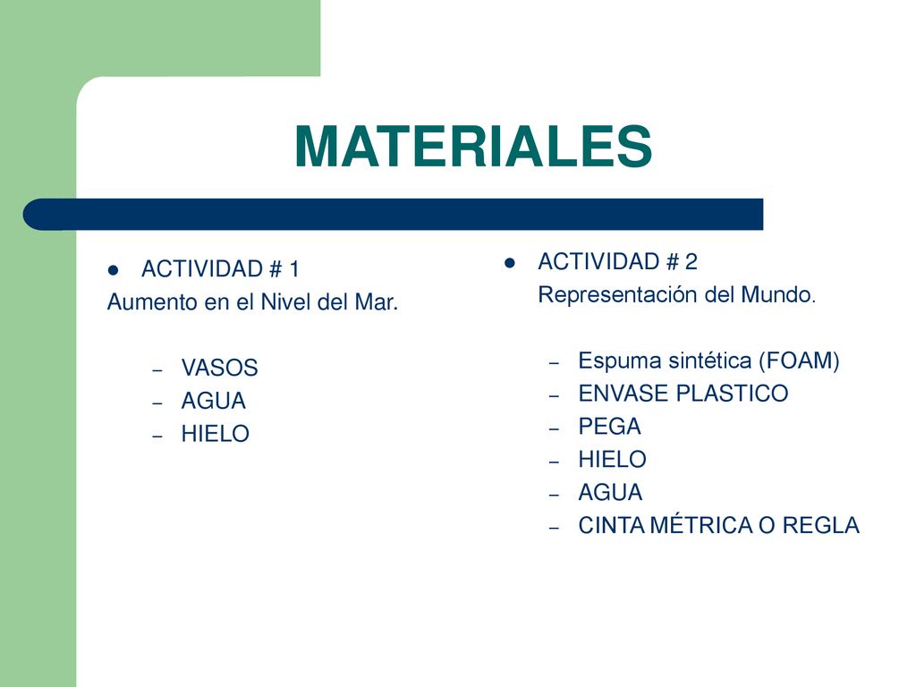 MATERIALES ACTIVIDAD # 2 ACTIVIDAD # 1 Representación del Mundo.
