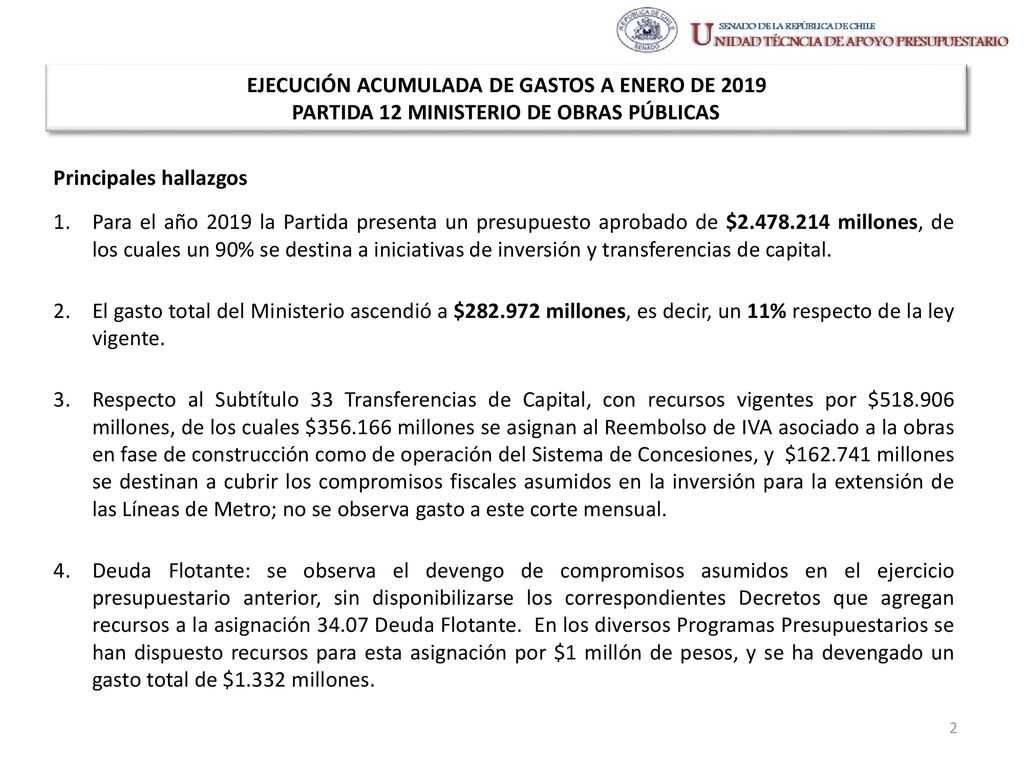 EJECUCIÓN ACUMULADA DE GASTOS A ENERO DE 2019 PARTIDA 12 MINISTERIO DE OBRAS PÚBLICAS