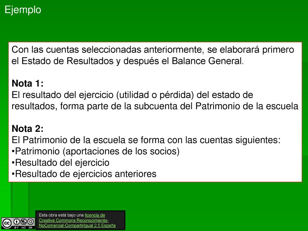 Ejemplo Con las cuentas seleccionadas anteriormente, se elaborará primero el Estado de Resultados y después el Balance General.